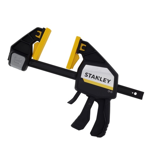 Photo of STANLEY FMHT83278-0 quick change bar clamp, black and yellow, right side angle on white background.