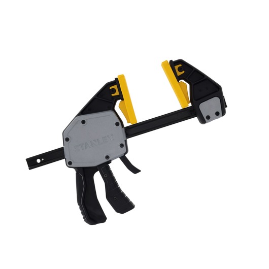STANLEY FMHT83278-0 photography of black and yellow quick-adjust bar clamp, side angle, on white background.