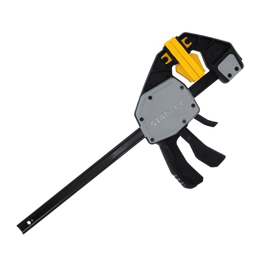 STANLEY FMHT83279-0 bar clamp with grey, black, and yellow plastic body, left angle on white background.