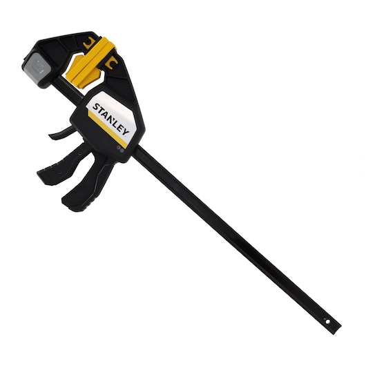 Photo of STANLEY FMHT83280-0 quick grip bar clamp, black and yellow, side angle on white background.