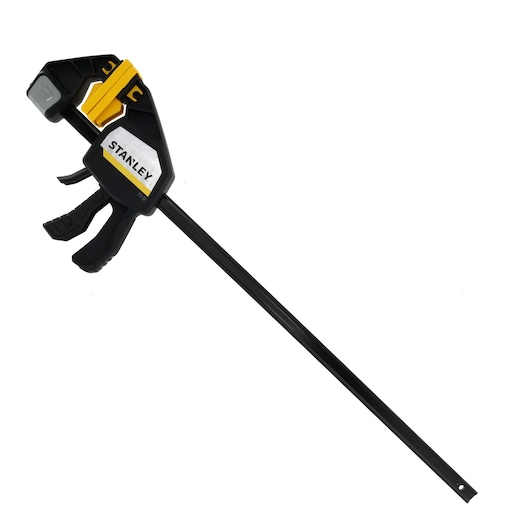 Photo of STANLEY FMHT83281-0 heavy-duty bar clamp in black and yellow, side angle on white background.