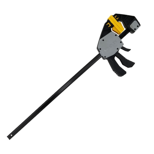 Photo of STANLEY FMHT83281-0 bar clamp with black handle and yellow accents, photography, angled on white background.