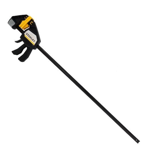 STANLEY FMHT83282-0 bar clamp with black and yellow body, side angle on white background.
