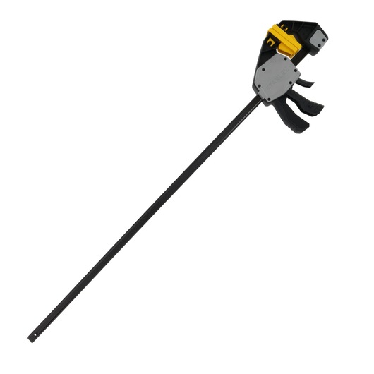 Photo of STANLEY FMHT83283-0 bar clamp with black and yellow body, side angle on white background.