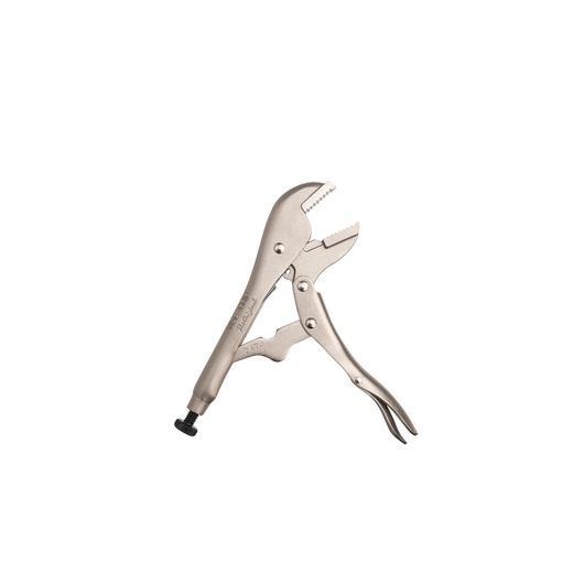 STANLEY FMHT84901-0 locking pliers with curved jaws, silver metallic finish, side angle on white background.