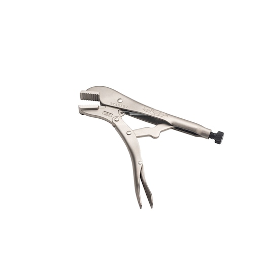 Photo of STANLEY FMHT84902-0 locking pliers, silver metal, side angle, serrated jaws, on white background.