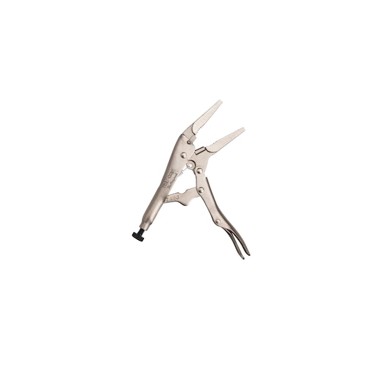 STANLEY FMHT84907-0 locking pliers with curved jaws, silver finish, product side view on white background.