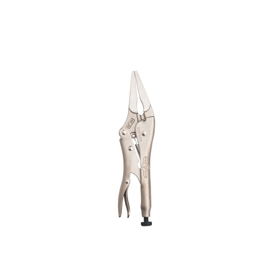 STANLEY FMHT84908-0 long nose locking pliers, metal, side angle, white background.