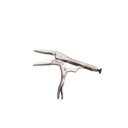 STANLEY FMHT84908-0 locking pliers, silver finish, side angle, photography on white background.