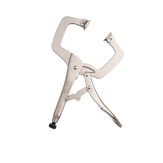 STANLEY FMHT84910-0 large C-clamp locking pliers, silver finish, side view on white background.