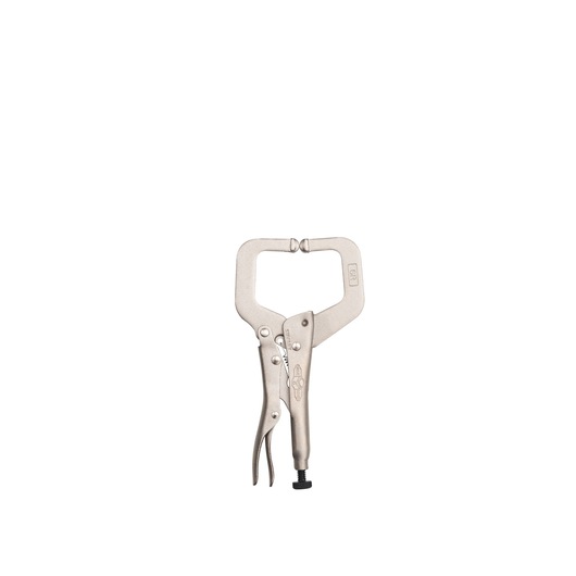 STANLEY FMHT84911-0 locking C-clamp pliers, silver metal, front angle, on white background.