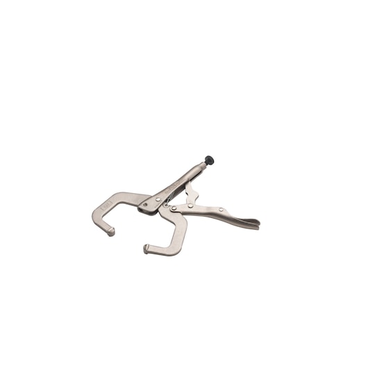 STANLEY FMHT84911-0 locking C-clamp pliers, silver finish, side angle on white background.