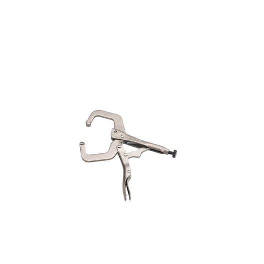 STANLEY FMHT84911-0 C-clamp locking pliers, silver finish, side angle on white background.