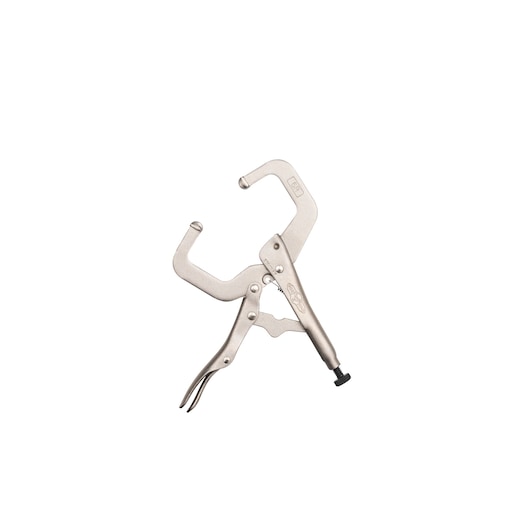 STANLEY FMHT84911-0 locking C-clamp pliers, silver finish, side angle on white background.