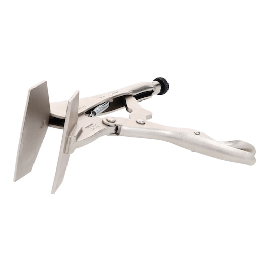 A metal locking sheet metal clamp with wide flat jaws, shown isolated on a white background.