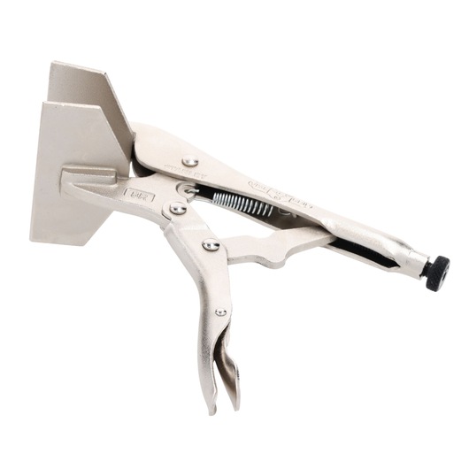 A metal locking welding clamp with flat jaws, used for holding materials securely during welding or fabrication work. The tool has a trigger handle and adjustable screw for tightening.