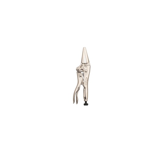 STANLEY FMHT84917-0 long nose locking pliers, silver finish, product photography, front angle on white background.