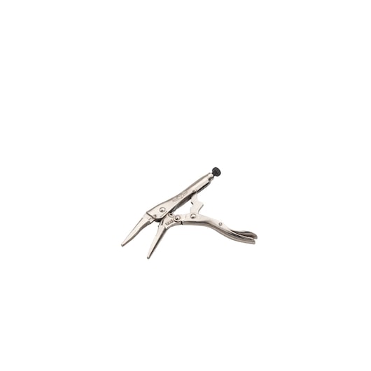 STANLEY FMHT84917-0 long nose locking pliers, silver metal, side angle on white background.