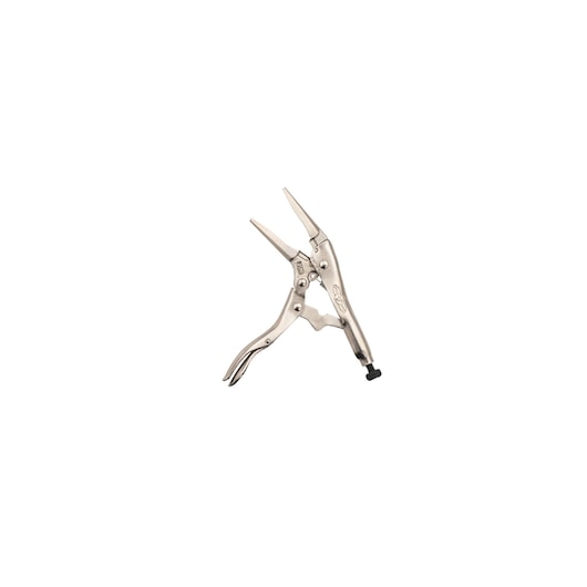 STANLEY FMHT84917-0 long nose locking pliers, silver, side angle on white background.