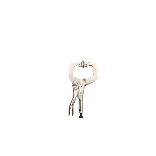 STANLEY FMHT84918-0 C-clamp locking pliers, silver metal finish, front view on white background.