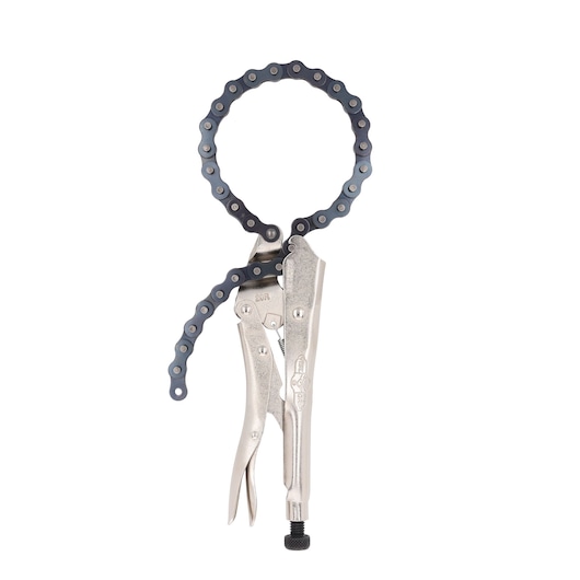 A metal chain locking pliers tool with an adjustable handle, used for gripping round objects like pipes or filters.