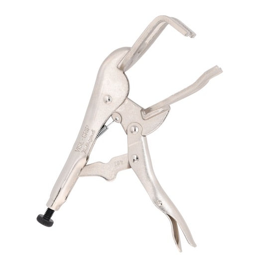 A silver metal locking clamp with curved jaws, designed for gripping or holding materials tightly. The clamp features an adjustable screw and trigger release handle. It is photographed against a white background.