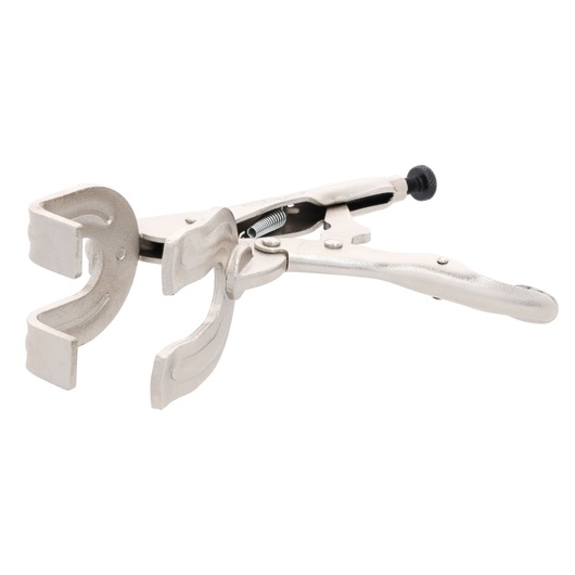 A silver Stanley locking C-clamp with swivel pads, designed for holding and securing materials during work.