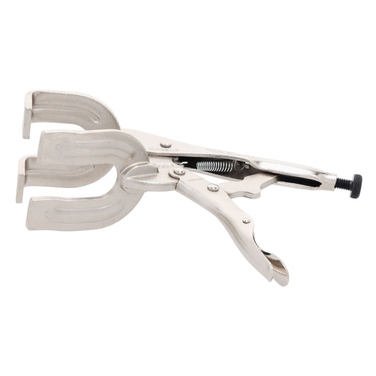 A metallic locking C clamp with a U-shaped jaw, used for holding materials securely during work.