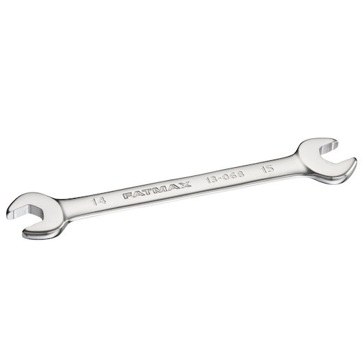 STANLEY FMMT13068-0 chrome double open-ended wrench, angled side view, with size markings.