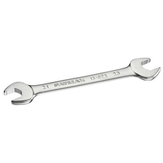 Photo of STANLEY FMMT13072-0 double open-end wrench, chrome finish, angled view on white background.