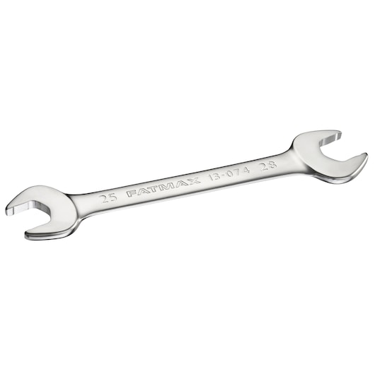 STANLEY FMMT13074-0 open-end wrench, silver, angled view, dual head, photography on white background.
