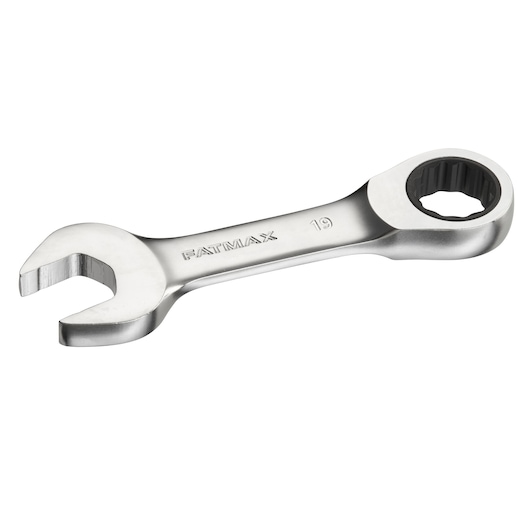 STANLEY FMMT13115-0 ratcheting combination wrench, silver, photography, top angle on white background.