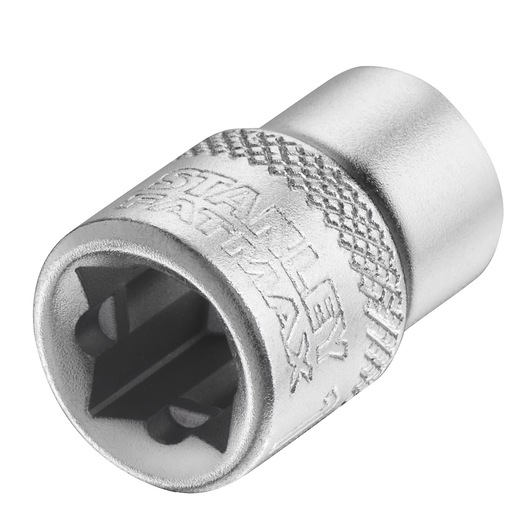 Photo of STANLEY FMMT17210-0 chrome socket bit with knurled grip, angled view, tool accessory category.