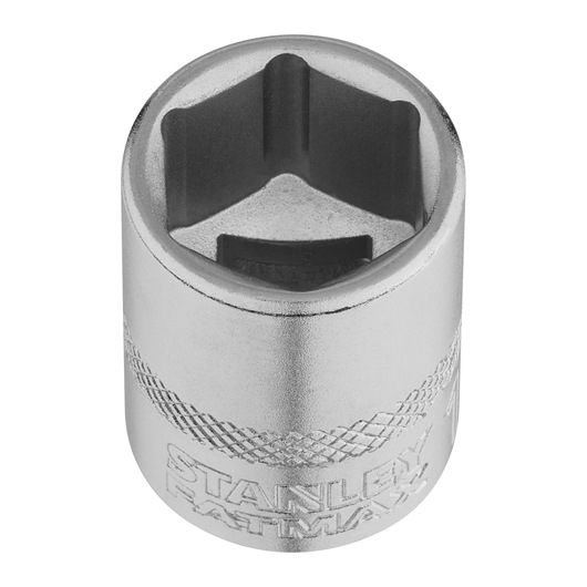 STANLEY FMMT17216-0 chrome socket, knurled grip, top view, on white background, hand tool accessory.