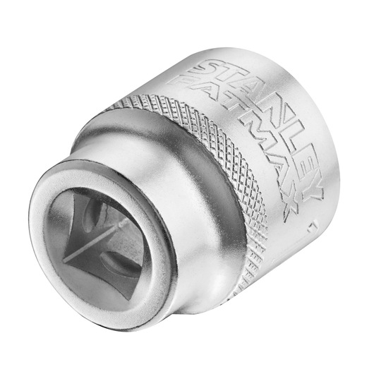 Photo of STANLEY FMMT17219-0 socket, silver, knurled grip, engraved branding, angled view on white background.