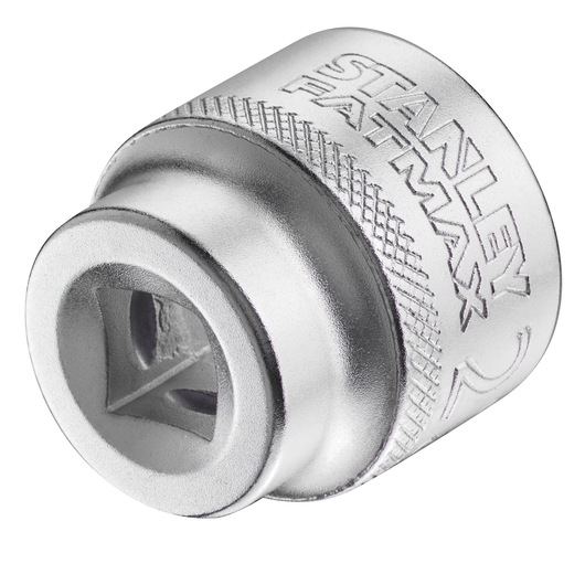 STANLEY FMMT17222-0 chrome socket adapter, knurled grip, photography, angled on white background.