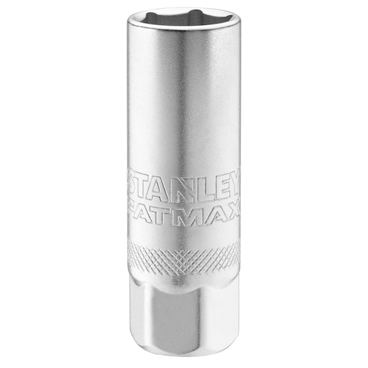 STANLEY FMMT17225-0 chrome socket tool, engraved logo, front angle, on white background.