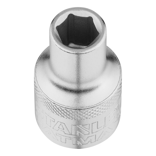 STANLEY FMMT17228-0 chrome finish socket, front angle, compact size with knurled grip.