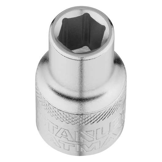 STANLEY FMMT17229-0 chrome socket tool, top angle, textured grip, photography on white background.