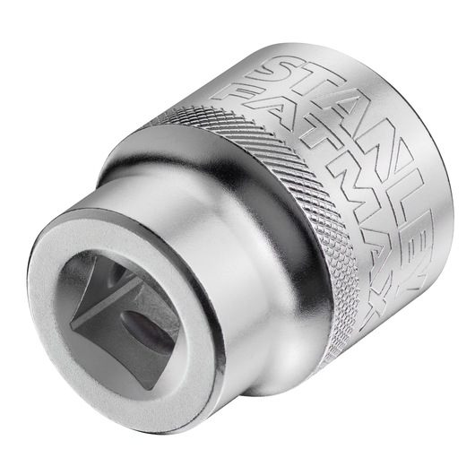 Photo of STANLEY FMMT17244-0 socket, chrome finish, engraved STANLEY FATMAX branding, close-up angle.