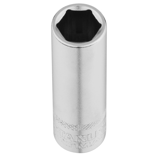 STANLEY FMMT17523-0 chrome finish deep socket, front angle, tool photography.