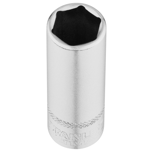Photo of STANLEY FMMT17964-0 chrome socket tool, cylindrical with knurled grip, top view on white background.
