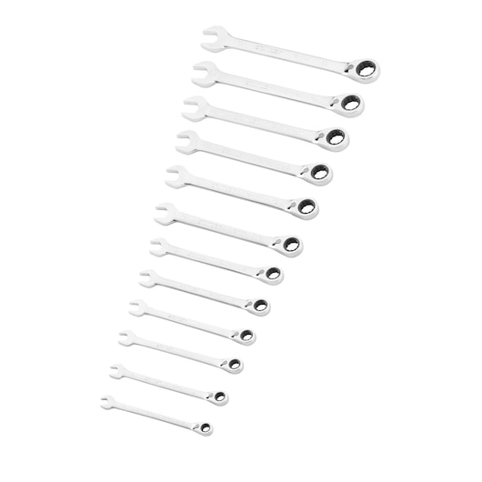 STANLEY FMMT82849-0 combination ratcheting spanner set, 12-piece, chrome finish, top view, white background.