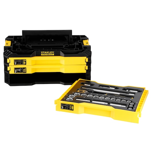 Stanley FatMax tool box with yellow drawers and tray containing assorted hand tools and sockets.