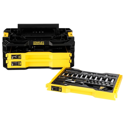 Stanley Fatmax tool set with black and yellow stackable case, open tray displaying sockets and accessories.