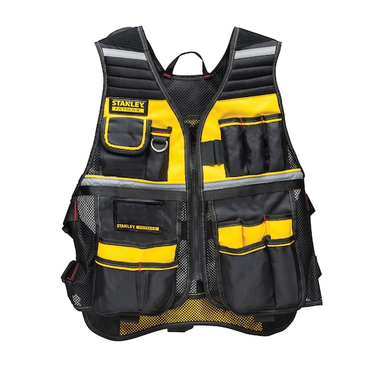 STANLEY FMST1-71181 tool vest with yellow and black pockets, front angle, white background.
