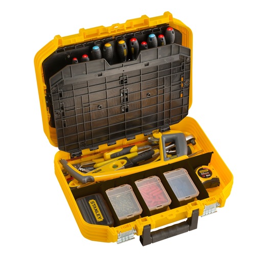 STANLEY FMST1-71943 tool case with assorted hand tools, screwdrivers, and organized compartments, front angle on white.