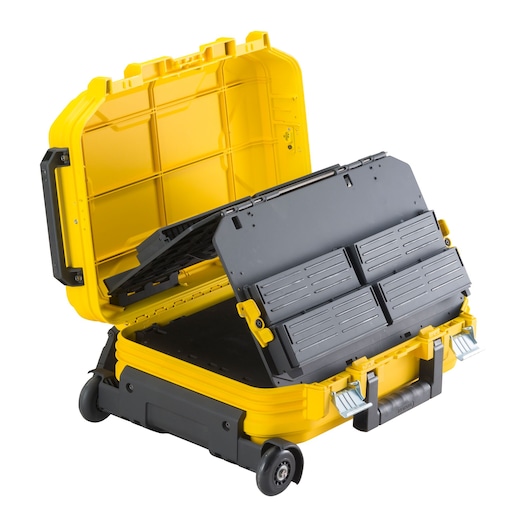 Yellow and black wheeled tool case with open lid and removable organizer trays inside.