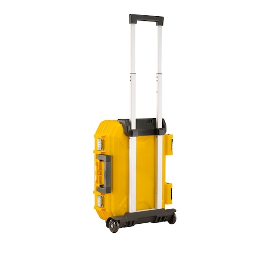 Yellow Stanley rolling hard case with telescopic handle and wheels, upright on a white background.