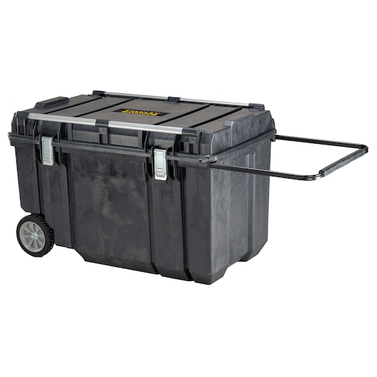 STANLEY FMST1-75531 black rolling toolbox with telescopic handle and sturdy latches, side angle on white background.